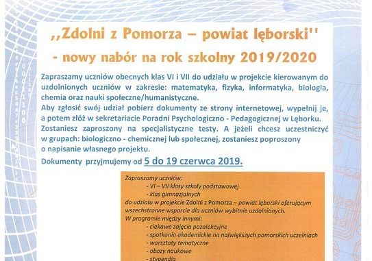 Rekrutacja do projektu ,,ZDOLNI Z POMORZA -powiat lęborski'' grafika
