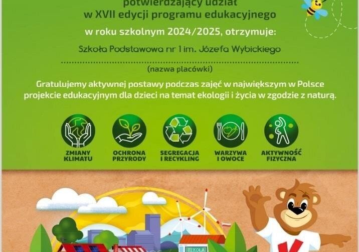 Certyfikat dla klas 1 – 3 za realizację Programu Ekologicznego Kubusiowi Przyjaciele Natury grafika