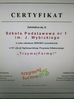 Ogólnopolski Program ,,Trzymaj formę " - mamy certyfikat!