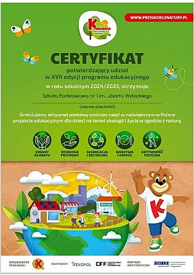 Certyfikat dla klas 1 – 3 za realizację Programu Ekologicznego Kubusiowi Przyjaciele Natury