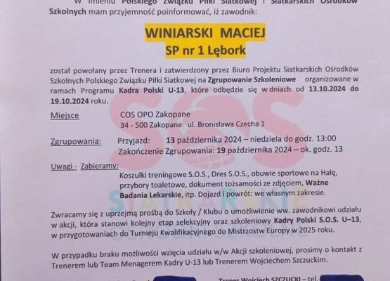 Maciej Winiarski powołany na zgrupowanie Reprezentacji Polski ! grafika
